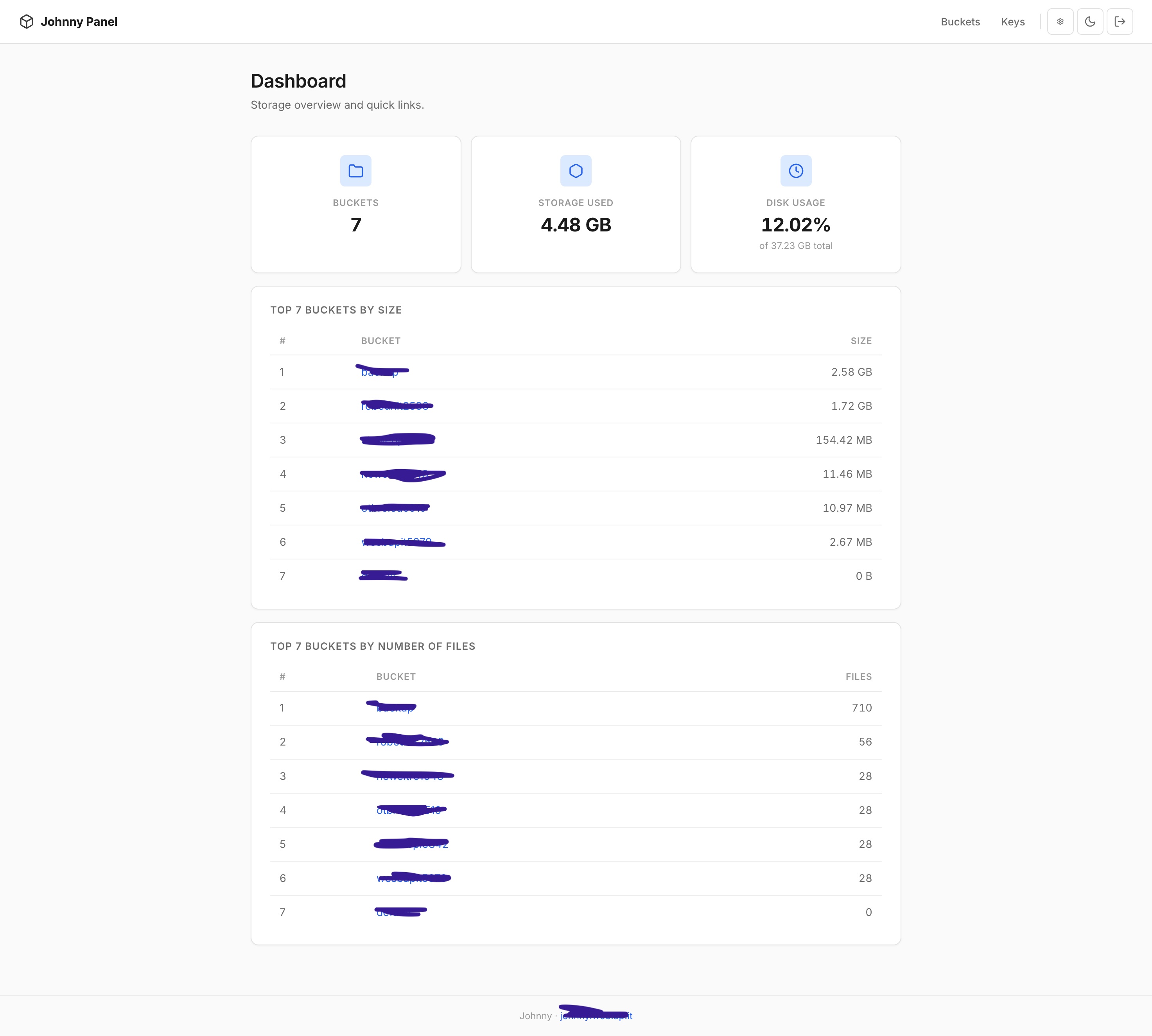 Johnny web panel — storage dashboard